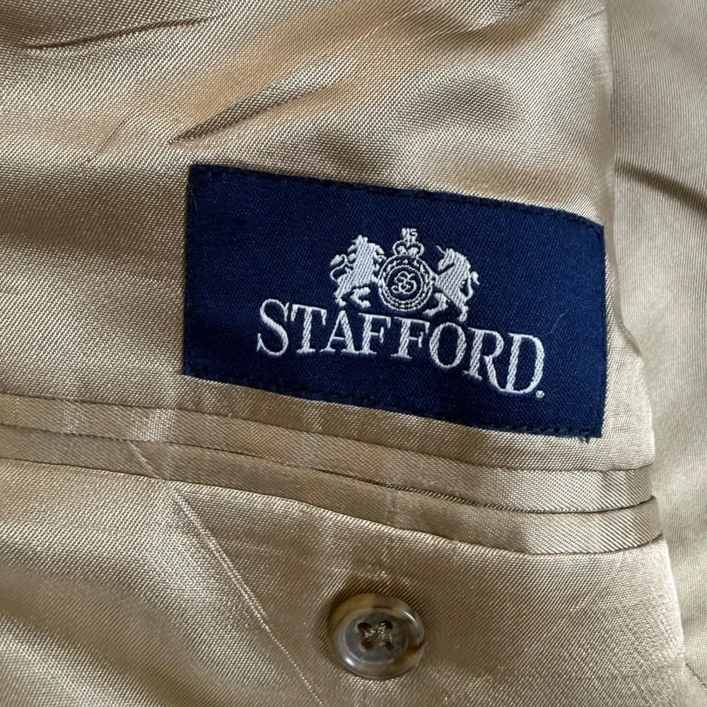 Stafford Blazer Sport Coat 44R Houndstooth Olive Tan Worsted Wool Blend RN8709